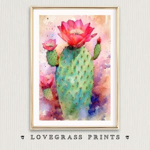 Cactus Printable, Prickly Pear Print, Watercolor Cactus Wall Art, Farmhouse Decor, Southwest Garden Art, Botanical Home Gift, Cacti Gift