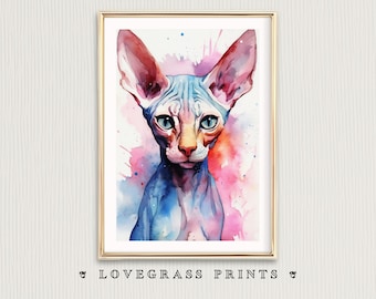 Stampa gatto Sphynx, arte della parete gatto senza peli, arte scaricabile gatto Sphynx, regalo per gli amanti dei gatti, gatto Sphynx stampabile, regalo gatto senza peli, decorazioni per la casa