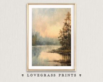 Downloadable Lake Wall Art Print, Lakes Printable, Lake Vintage Painting, Muted Art Print, Gift for Country Wall Decor, Lakeside Prints