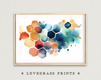 Gems Printable Wall Art, Hexagon Pattern Art Print, Hexagonal Abstract Painting, Geometric Abstract Art, Gemstones Home Decor, Hex Pattern