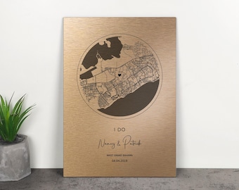 Mapa de ubicación metalizado personalizado: Arte mural del aniversario de bronce