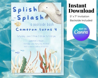 Editable Pool Party Birthday Invitation, Kids Birthday Party Invite, Customizable Invitation Template, Under the Sea, Splish Splash Party