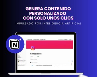 May include: A laptop computer screen displaying a website with the text "Ai RRSS AKROS" and a pink banner with an Instagram logo. The website is on a platform called Notion, which is represented by a blue square with a white "N" and a white star. The laptop is on a blue background.