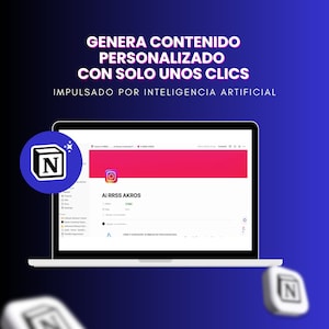 Op de afbeelding: Een laptopscherm dat een website weergeeft met de tekst "Ai RRSS AKROS" en een roze banner met het Instagram-logo. De website bevindt zich op een platform genaamd Notion, dat wordt weergegeven door een blauw vierkant met een witte "N" en een witte ster. De laptop staat op een blauwe achtergrond.