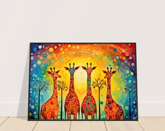 Team Giraffe - Paul Klee-inspired digital artworks, Giraffe artwork, Imaginative art, Joyful art, cubism, Colorful art - Metal Framed Poster