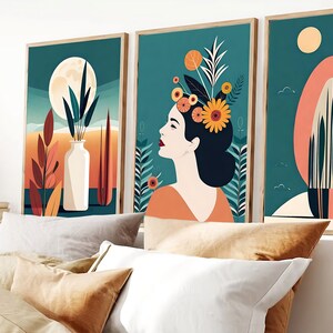 Boho Abstract Wall Digital Art Prints, Boho Wall Decor, Set of 3 digital Prints, Mid Century, Black, Beige, Green, Terracotta, Boho Wall Art