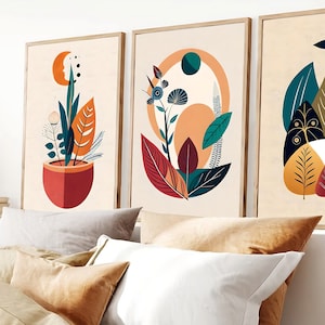 Boho Abstract Wall Digital Art Prints, Boho Wall Decor, Set of 3 digital Prints, Mid Century, Black, Beige, Green, Terracotta, Boho Wall Art
