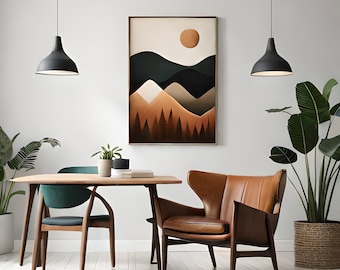 Boho Abstract Wall Digital Art Prints, Boho Wall Decor, Mid Century, Zwart, Beige, Groen, Terracotta, Boho Wall Art