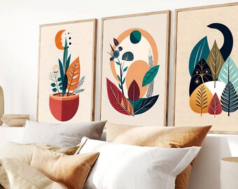 Boho Abstract Wall Digital Art Prints, Boho Wall Decor, Set van 3 digitale Prints, Mid Century, Zwart, Beige, Groen, Terracotta, Boho Wall Art