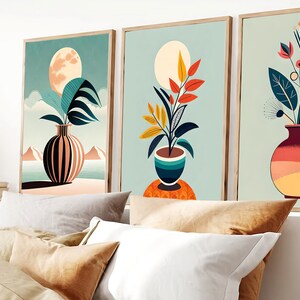 Boho Abstract Wall Digital Art Prints, Boho Wall Decor, Set of 3 digital Prints, Mid Century, Black, Beige, Green, Terracotta, Boho Wall Art