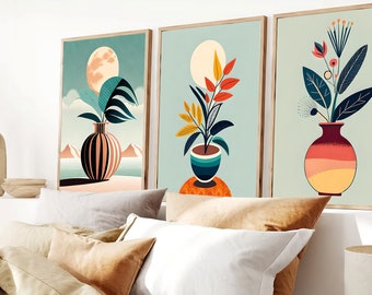 Boho Abstract Wall Digital Art Prints, Boho Wall Decor, Set van 3 digitale Prints, Mid Century, Zwart, Beige, Groen, Terracotta, Boho Wall Art