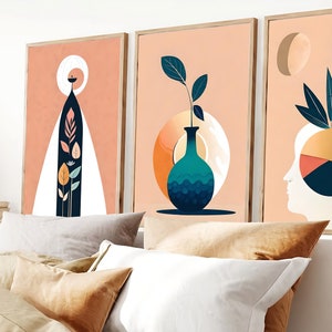 Boho Abstract Wall Digital Art Prints, Boho Wall Decor, Set of 3 digital Prints, Mid Century, Black, Beige, Green, Terracotta, Boho Wall Art