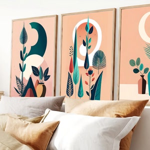 Boho Abstrakte Wand Digitale Kunstdrucke, Boho Wand Dekor, 3er Set Digitaldrucke, Mid Century, Schwarz, Beige, Grün, Terrakotta, Boho Wandkunst