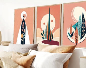 Boho Abstract Wall Digital Art Prints, Boho Wall Decor, Set van 3 digitale Prints, Mid Century, Zwart, Beige, Groen, Terracotta, Boho Wall Art