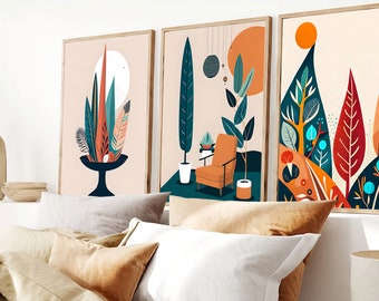 Boho Abstract Wall Digital Art Prints, Boho Wall Decor, Set van 3 digitale Prints, Mid Century, Zwart, Beige, Groen, Terracotta, Boho Wall Art
