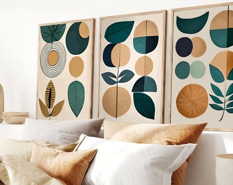Boho Abstract Wall Digital Art Prints, Boho Wall Decor, Set van 3 digitale Prints, Mid Century, Zwart, Beige, Groen, Terracotta, Boho Wall Art