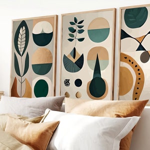 Boho Abstrakte Wand Digitale Kunstdrucke, Boho Wand Dekor, 3er Set Digitaldrucke, Mid Century, Schwarz, Beige, Grün, Terrakotta, Boho Wandkunst