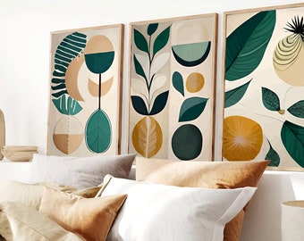 Boho Abstract Wall Digital Art Prints, Boho Wall Decor, Set van 3 digitale Prints, Mid Century, Zwart, Beige, Groen, Terracotta, Boho Wall Art