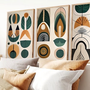 Boho Abstract Wall Digital Art Prints, Boho Wall Decor, Set of 3 digital Prints, Mid Century, Black, Beige, Green, Terracotta, Boho Wall Art