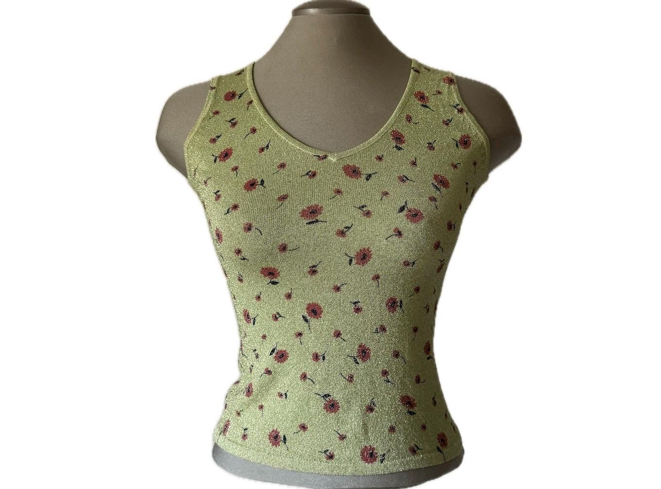 Vintage 90's Green Sparkly Floral Tank Top - Small - Etsy