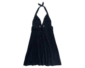 Vintage Y2K Black Terry Cloth Halter Dress - Medium