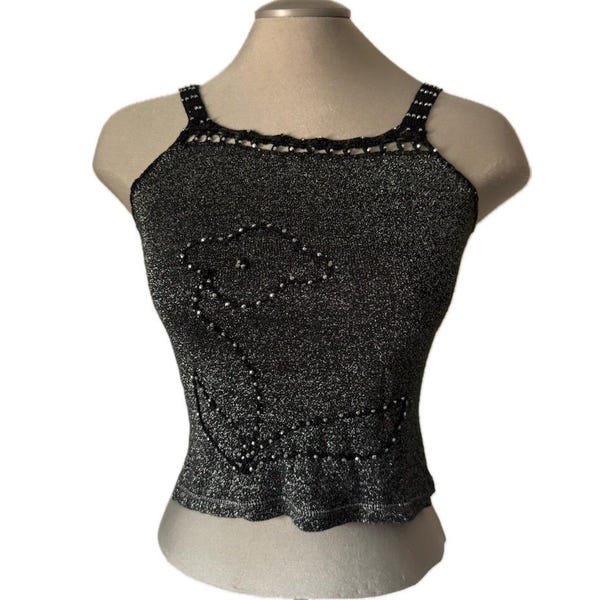 Vintage 00s Black Sparkly Tank Top with Beaded Detailing - XS