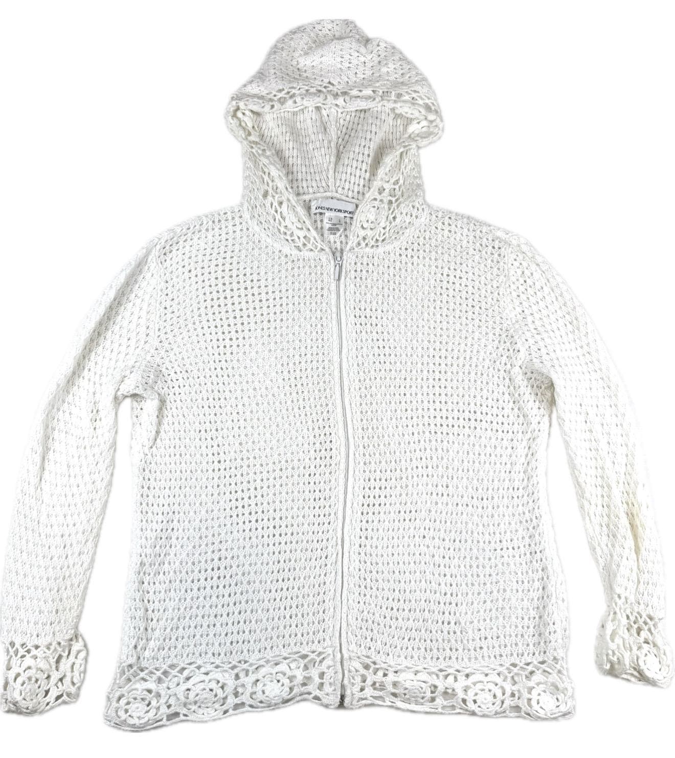 Vintage 90's White Crochet Zip-up Hoodie by Jones New York Sport