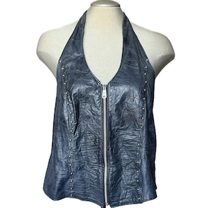 Vintage 90&#39;s Blue Leather Halter Top - Large