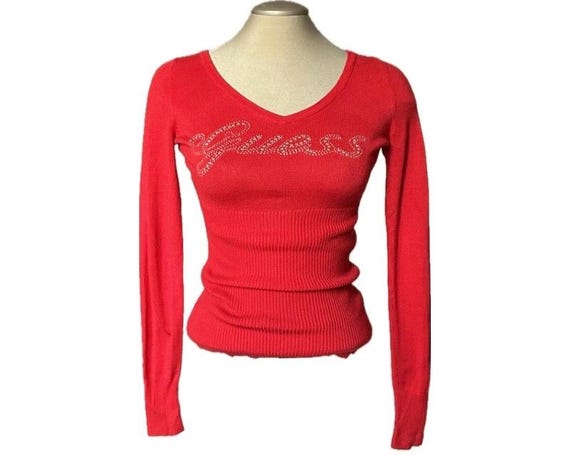 Vintage Y2K Guess Long-sleeve Knit Top With Rhinestones - XS