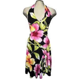 Vintage Y2K Floral Drop Waist Halter Dress - Small