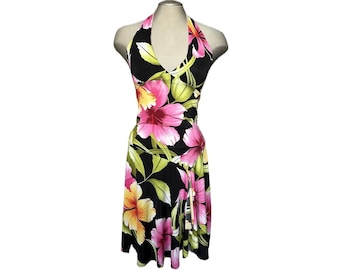 Vintage Y2K Floral Drop Waist Halter Dress - Small
