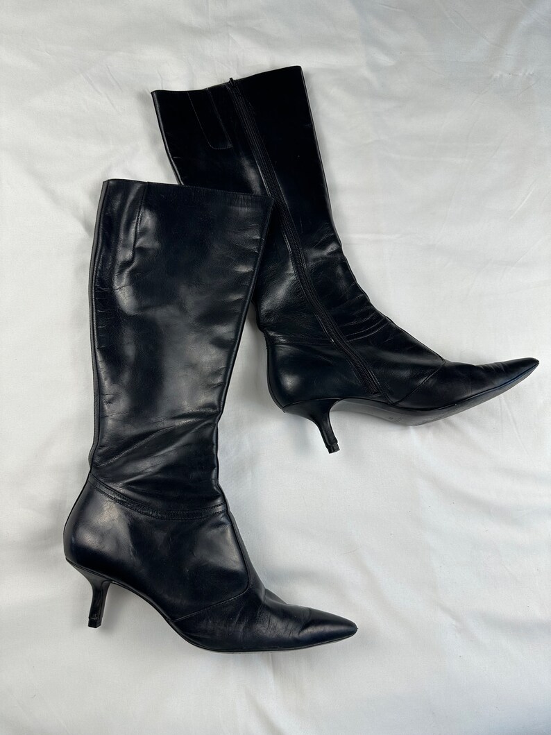 Vintage 2000's Black Leather Kitten Heel Boots 8.5 - Etsy