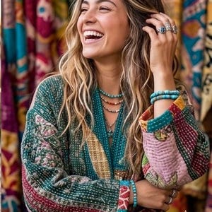 Vändbar återvunnen jacka / färgglad överdimensionerad boho-kappa med skärp - handgjorda etniska festivalkläder - unika året runt