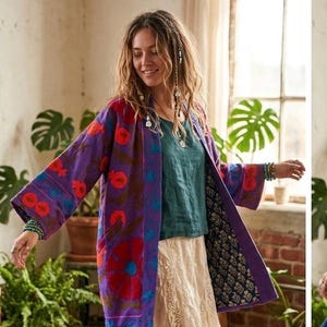 Giacca reversibile Suzani Blockprint – Cappotto Boho oversize colorato – Kimono da festival fatto a mano – Pezzo unico, per tutte le stagioni, unisex