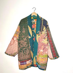 Quilted jacket with hand embroidery on vintage Kantha / Kimono jacket old vintage Overcoat - One of a Kind Jacket