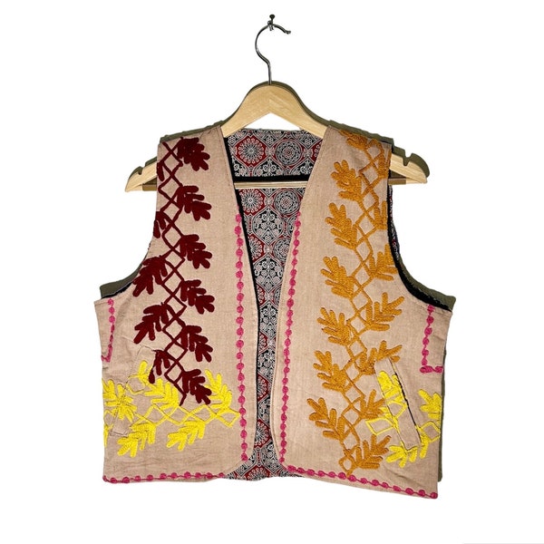 Suzani Vest reversible / Vintage gilet Block print and embroidery