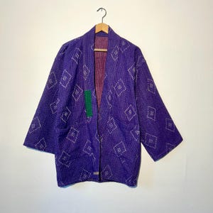 Quilted jacket with hand embroidery on vintage Kantha / Kimono jacket old vintage Overcoat - One of a Kind Jacket