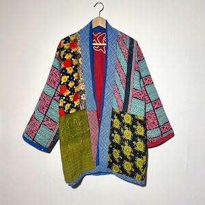Quilted jacket with hand embroidery on vintage Kantha / Kimono jacket old vintage Overcoat - One of a Kind Jacket