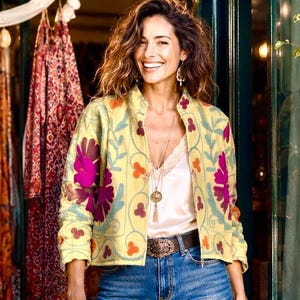 SPRING BLOOM Reversible Upcycled Jacket / Colorful embroidered Boho Crop with pockets - Festival ethnic Outwear - One of a Kind All Season