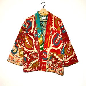 Quilted jacket with hand embroidery on vintage Kantha / Kimono jacket old vintage Overcoat - One of a Kind Jacket