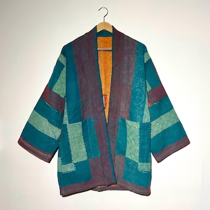 Quilted jacket with hand embroidery on vintage Kantha / Kimono jacket old vintage Overcoat - One of a Kind Jacket