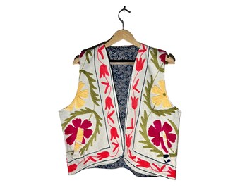 Suzani Vest reversible / Vintage gilet Block print and embroidery