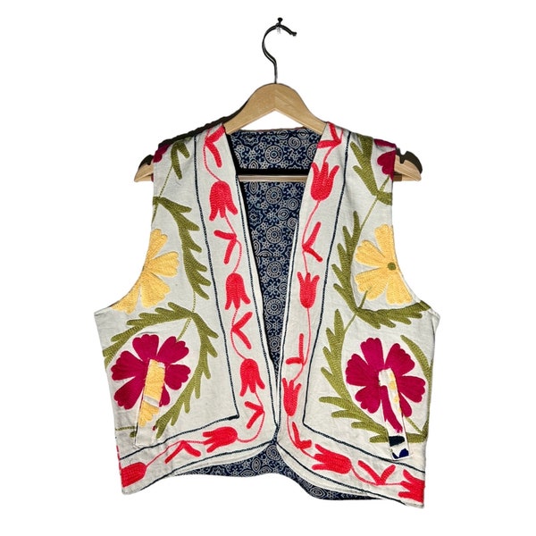 Suzani Vest reversible / Vintage gilet Block print and embroidery