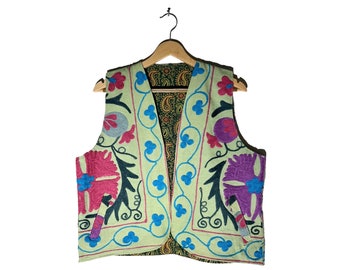 Suzani Vest reversible / Vintage gilet Block print and embroidery