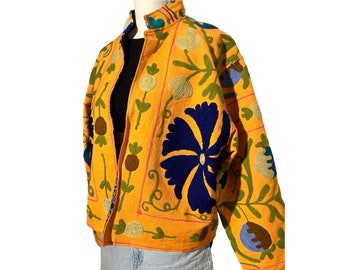 Bomber Jacket reversible / Vintage Block print and Suzani embroidered