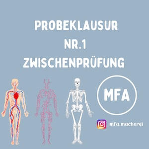 May include: A graphic with the text "ProbeKlausur Nr. 1 Zwischenprüfung" and the acronym "MFA" in a circle. Three illustrations of the human body are shown: a skeletal system, a circulatory system, and a vascular system.