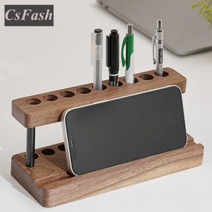 Wood Pen Holder Desk Organizer Home Office Modern Pen Stand Cell Phone Holder Housewarming Gift Minimalist Design Oak and Walnut Desk Tidy