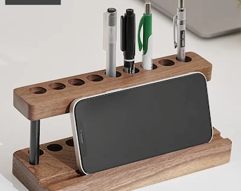 Porte-stylo en bois Organisateur de bureau Bureau à domicile Support de stylo moderne Support de téléphone portable Cadeau de pendaison de crémaillère Design minimaliste Bureau en chêne et noyer bien rangé