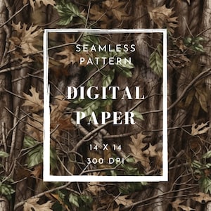 Pode incluir: Padrão de papel digital sem costura com um design de camuflagem em cores marrom, verde e branco. O padrão mede 14 polegadas por 14 polegadas e 300 DPI.