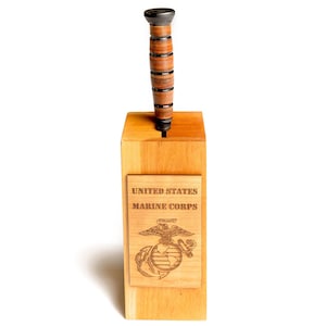 Engraved Marine Corps Knife Block: USMC Ka-Bar Desktop Display